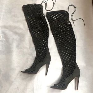 Cape Robbin thigh high cage heels boots military green microsuede size 10